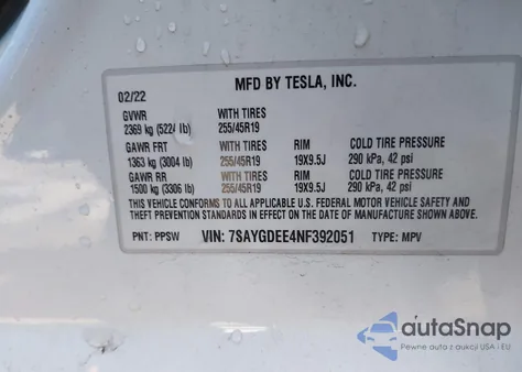 2022 Tesla Model Y Long Range Dual Motor All-Wheel Drive z USA, uszkodzony, nr VIN 7SAYGDEE4NF392051